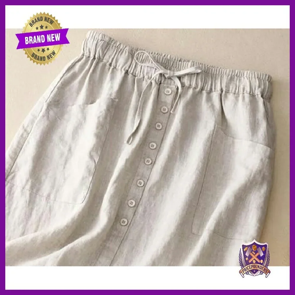 Linen Blend A-Line Midi Skirt High Waist Drawstring Slit Pockets